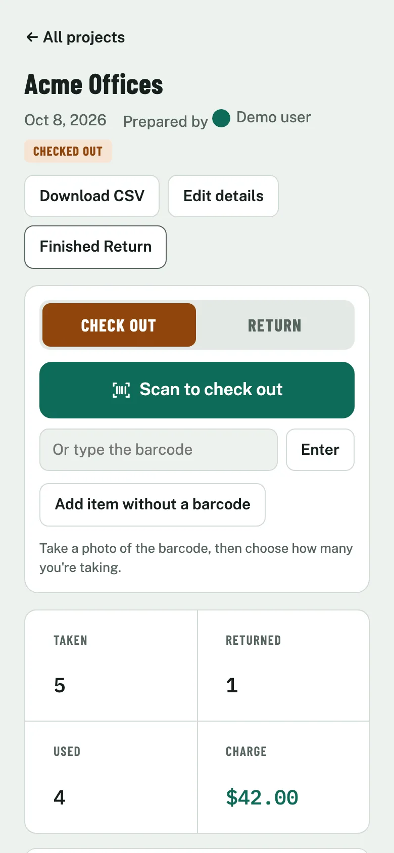 Supply Checkout on a phone: the Acme Offices project with a Scan to check out button and totals for items taken, returned, used, and the $42.00 charge.